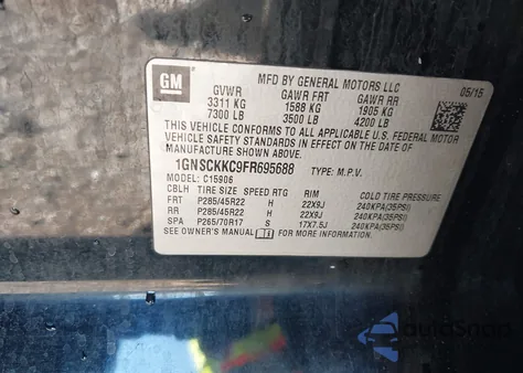 2015 Chevrolet Suburban 1500 Ltz z USA, uszkodzony, nr VIN 1GNSCKKC9FR695688